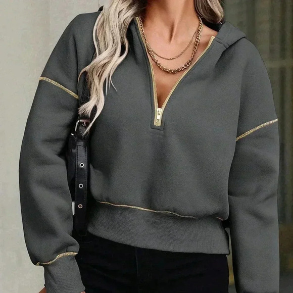 Dark Grey Casual Women's Half-Zip Hooded Sweatshirt - Picture 5 of 6
